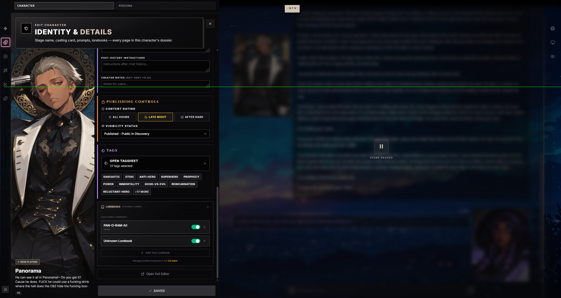 Character editor footer — Publishing Controls, Tagsheet, and Lorebooks