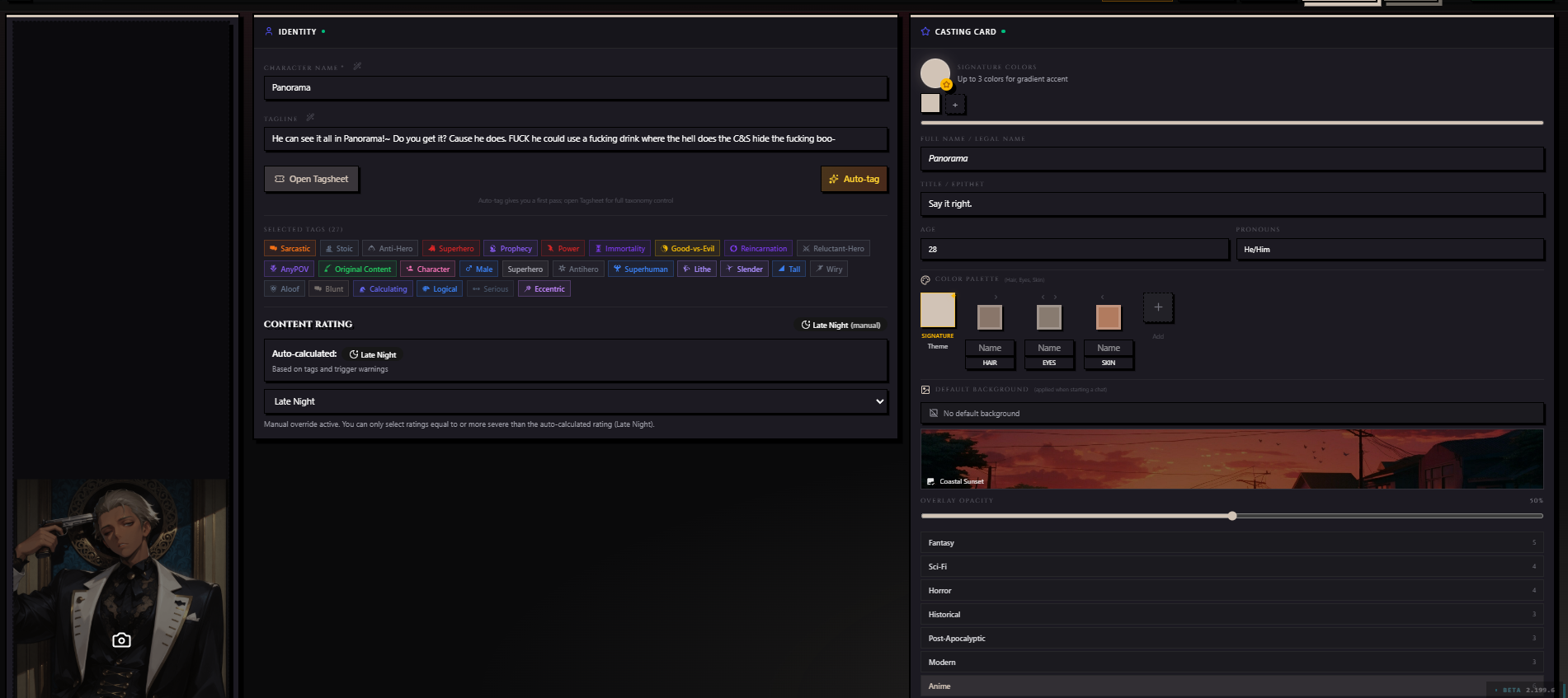 Building a character — the Identity panel and Casting Card editor in action