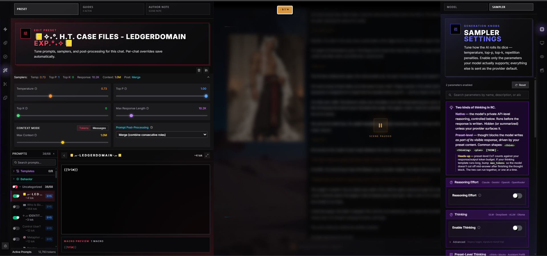 Prompting wing and Sampler Settings — the preset, sliders, and post-processing controls side by side