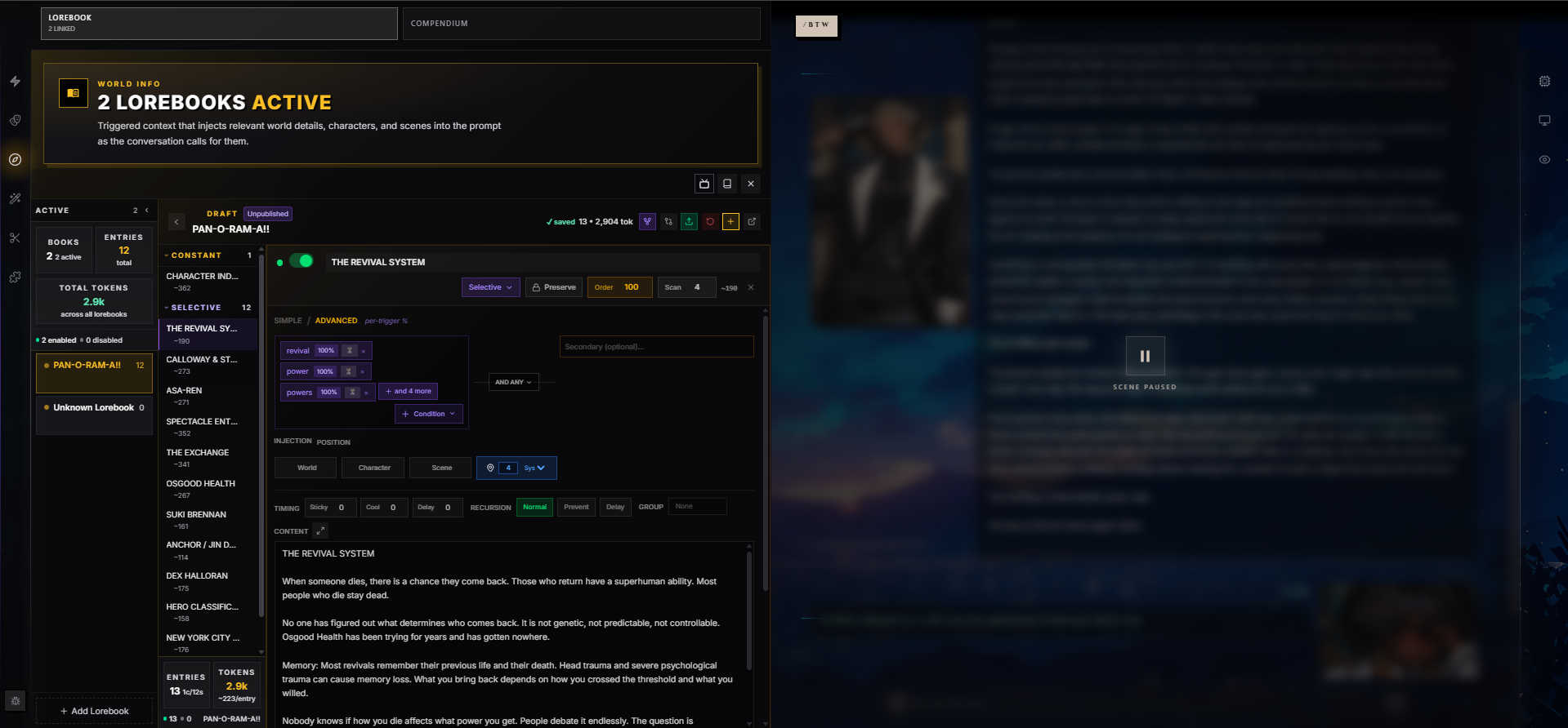 Lorebook tab of the World wing — entry list, selective triggers, injection position, timing controls, and entry body all visible