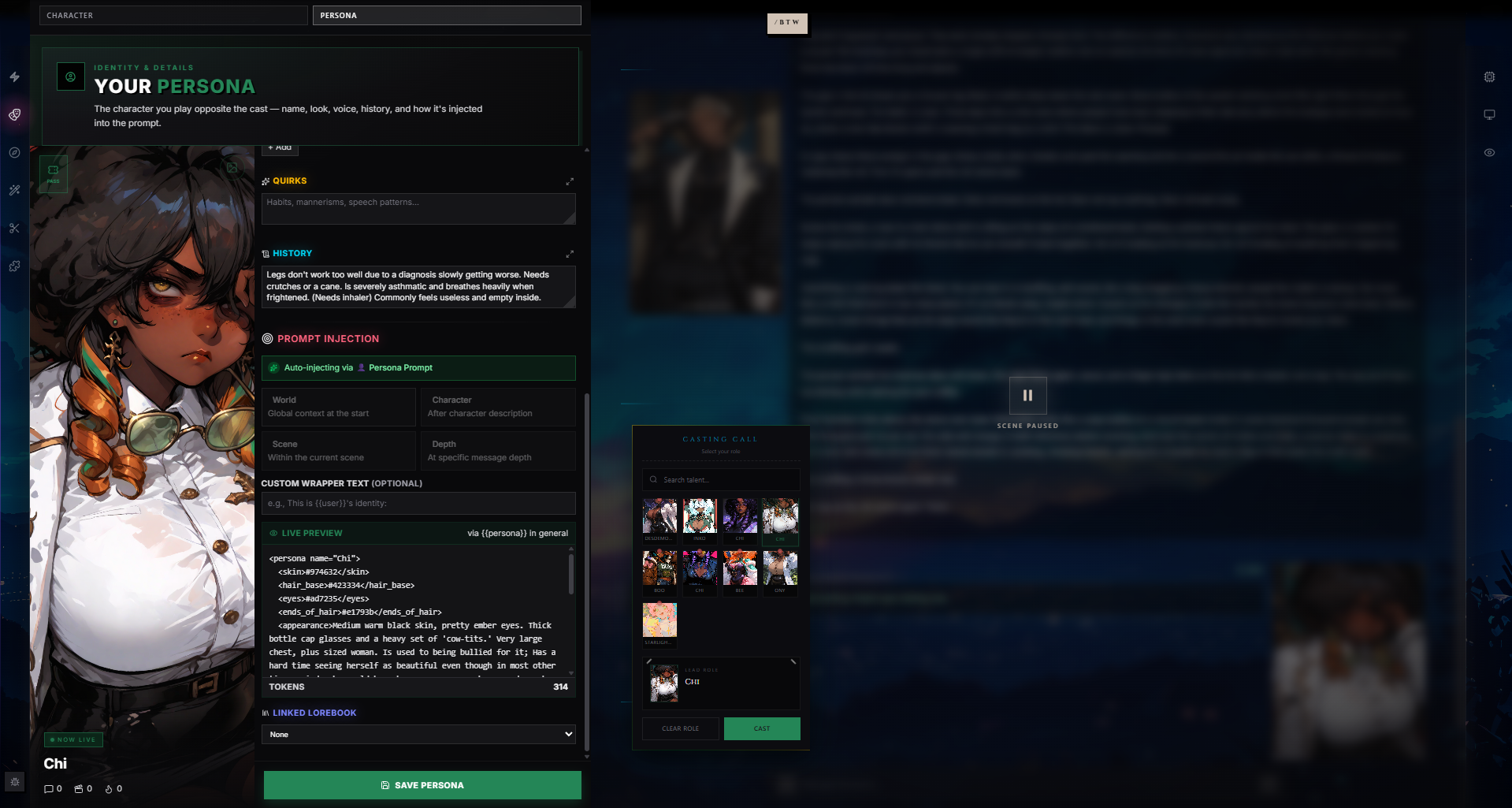 Persona editor scrolled — Quirks, History, Prompt Injection settings, Live Preview of the XML output, and Linked Lorebook