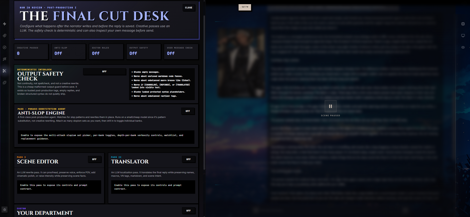 The Final Cut Desk — pass-status tiles, the deterministic Output Safety Check, the Anti-Slop Engine entry, and the Scene Editor + Translator headers below