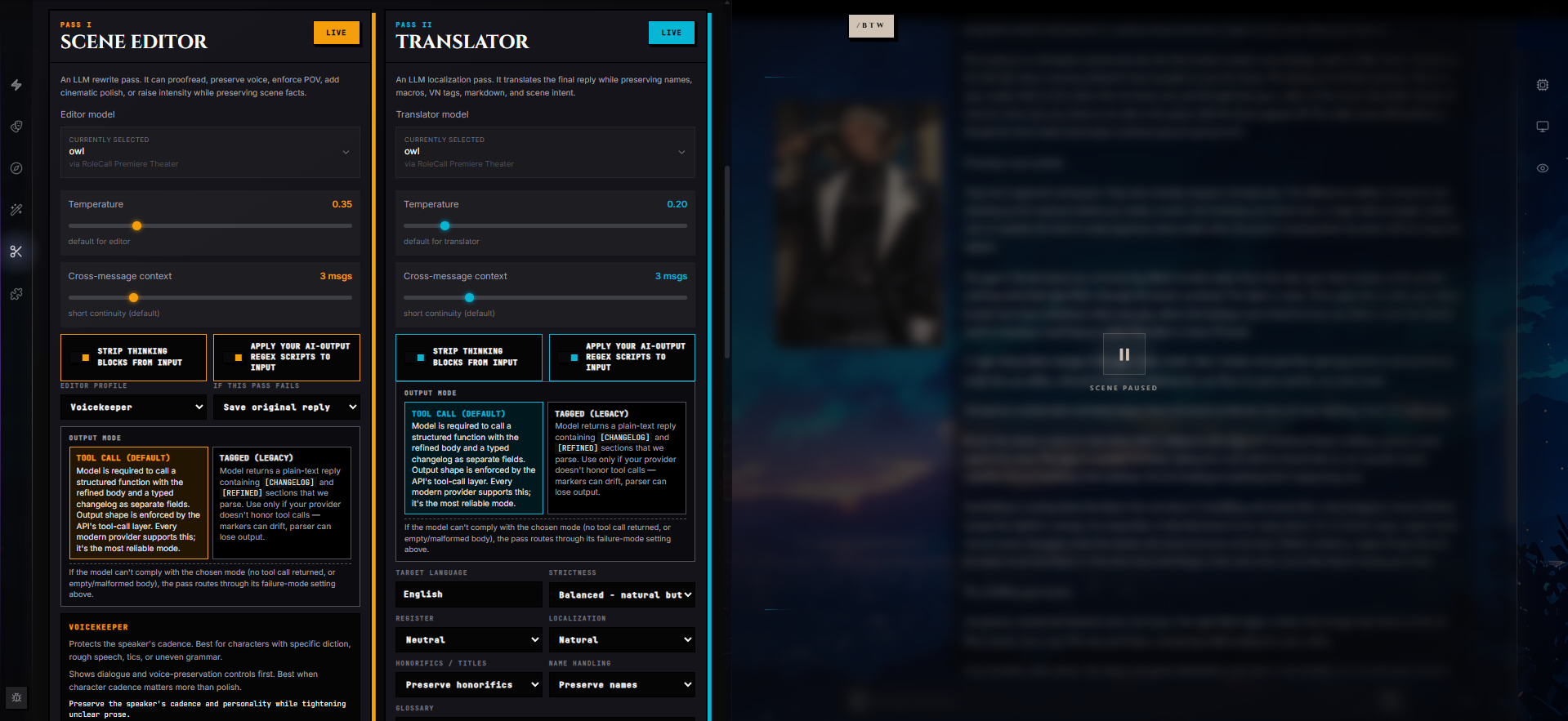 Pass I Scene Editor and Pass II Translator side by side — model picker, temperature, cross-message context, output mode, and per-pass options