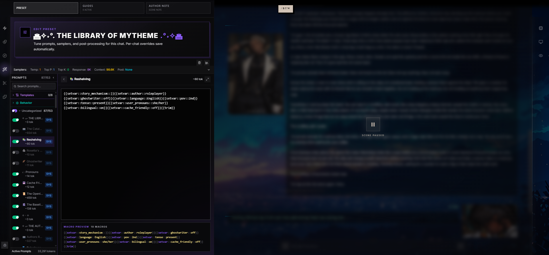 Prompting wing — preset editor with samplers, prompt list, prompt body, and macro preview all visible