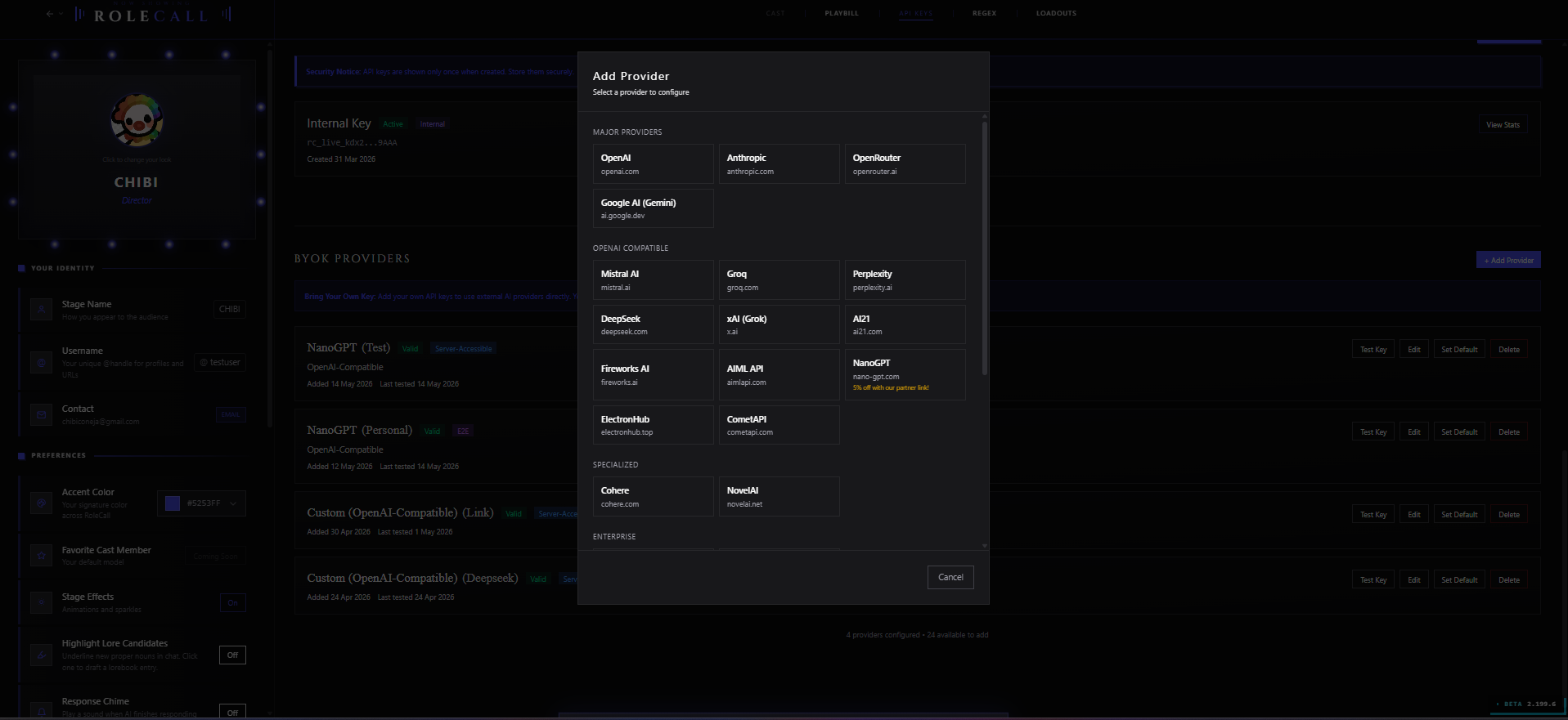 Add Provider modal — pick from major providers, OpenAI-compatible endpoints, specialized hosts, or your own custom URL