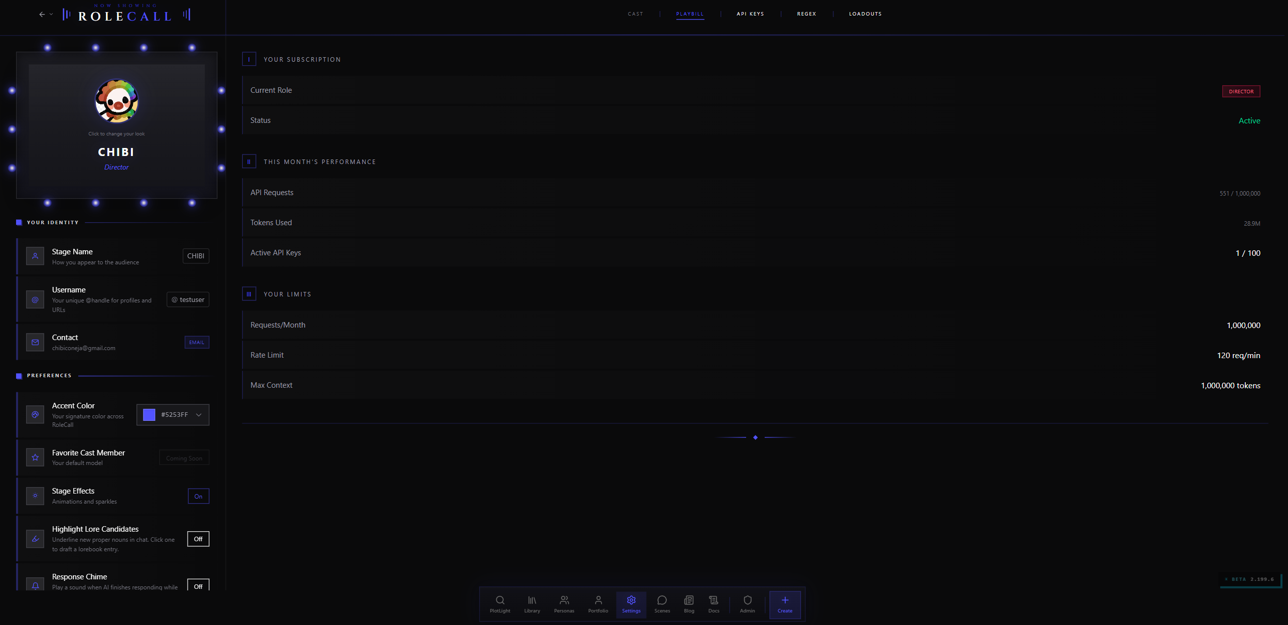 Settings — Playbill default tab