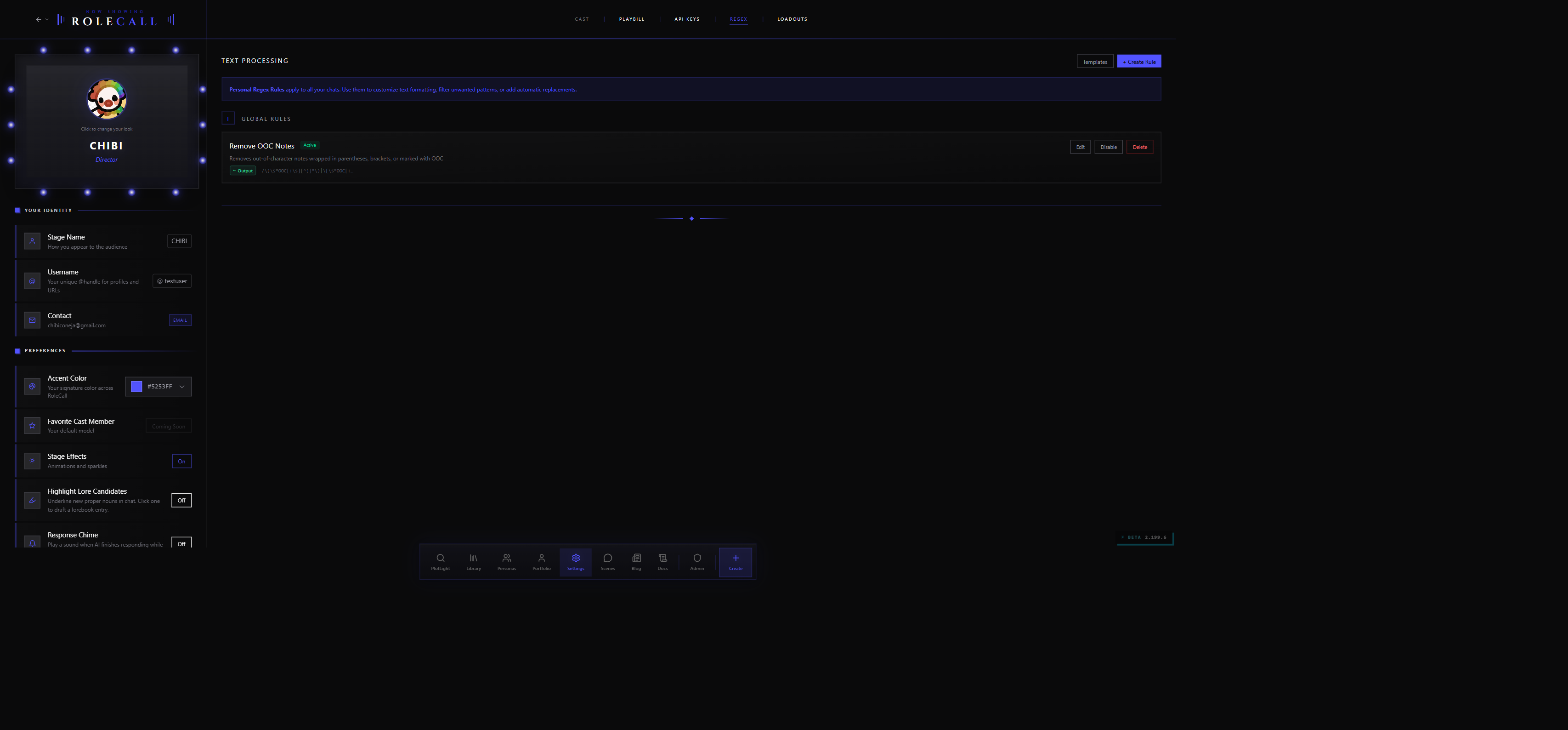 Settings — Regex tab