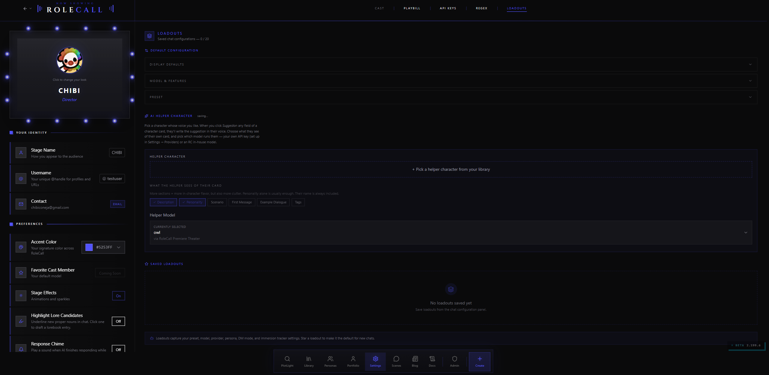 Settings — Loadouts tab
