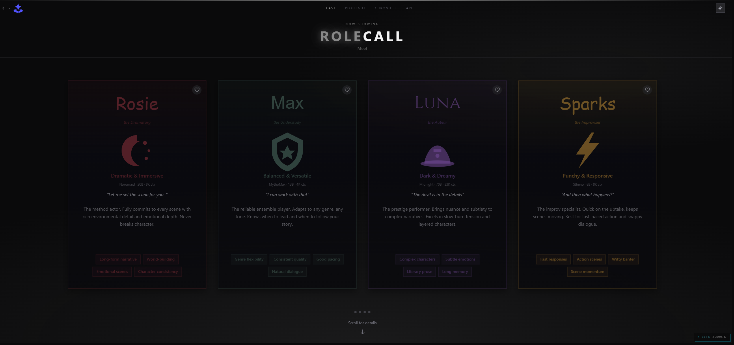 The Cast — provider/model selector page